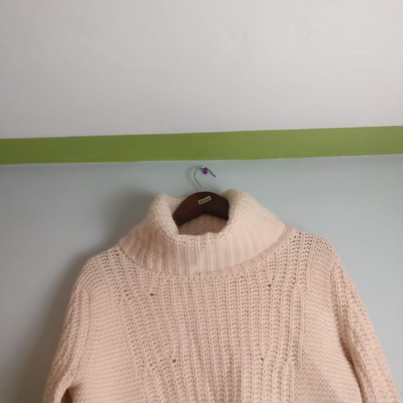 Merino Wool Alpaca blend Chunky Knit Rollneck Pointelle Turtleneck Sweater Cream - Picture 4 of 7